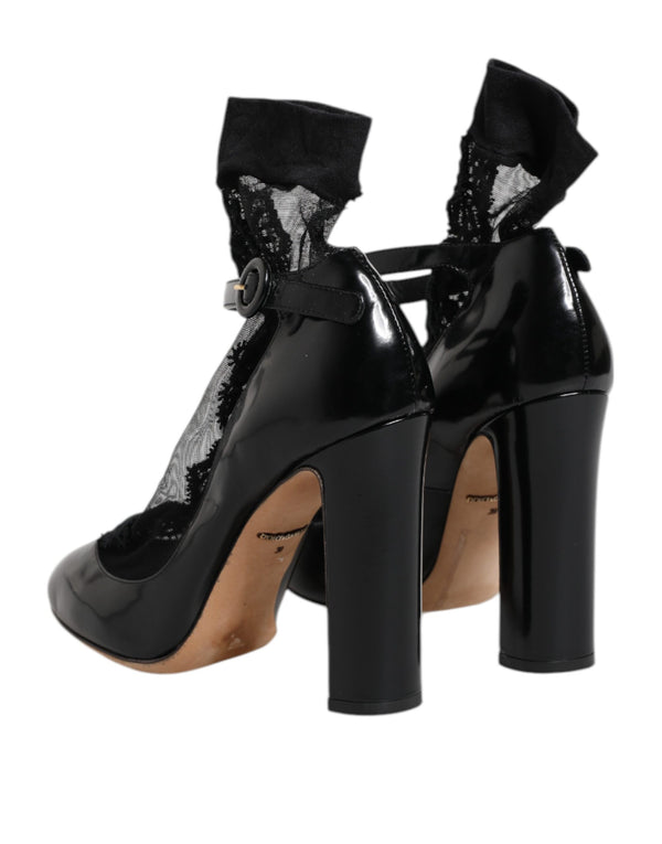 Schwarz Leder Spitze Socken Heels Pumps Schuhe