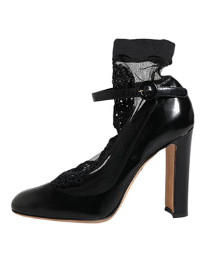 Schwarz Leder Spitze Socken Heels Pumps Schuhe