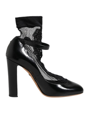 Schwarz Leder Spitze Socken Heels Pumps Schuhe