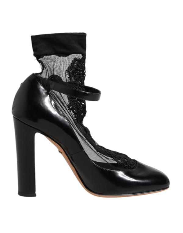 Schwarz Leder Spitze Socken Heels Pumps Schuhe