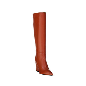 Oranger Stiefel aus Lammleder mit hohem Absatz