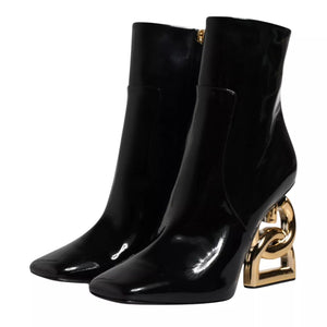 Schwarze Jackie Leder Mid Calf Stiefel Schuhe