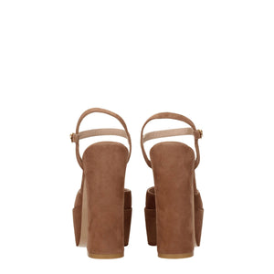 Beigefarbene Ledersandalen mit Plateauabsatz