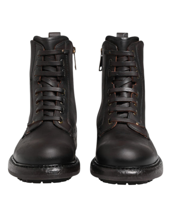 Dunkelbraune Leder-Schnürstiefel mit mittlerer Wade
