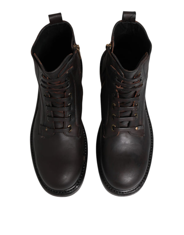Dunkelbraune Leder-Schnürstiefel mit mittlerer Wade