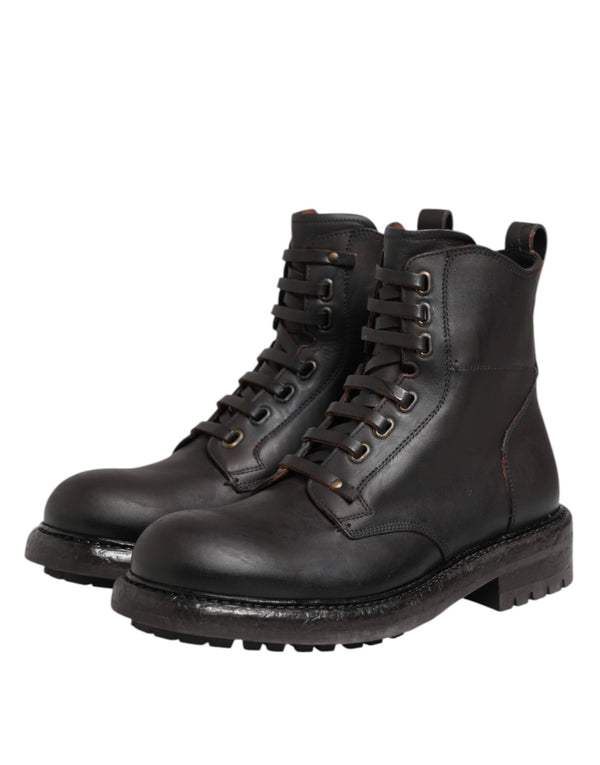 Dunkelbraune Leder-Schnürstiefel mit mittlerer Wade