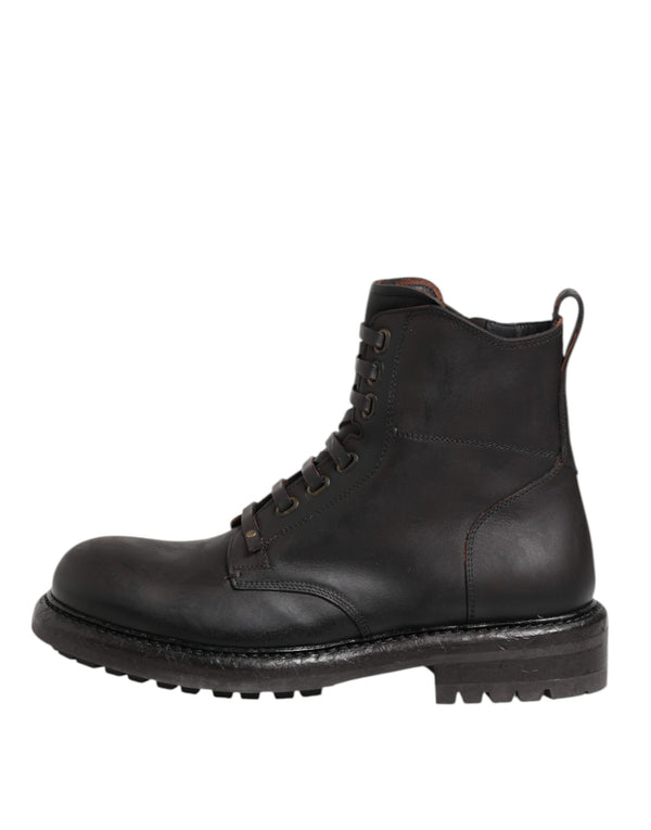 Dunkelbraune Leder-Schnürstiefel mit mittlerer Wade