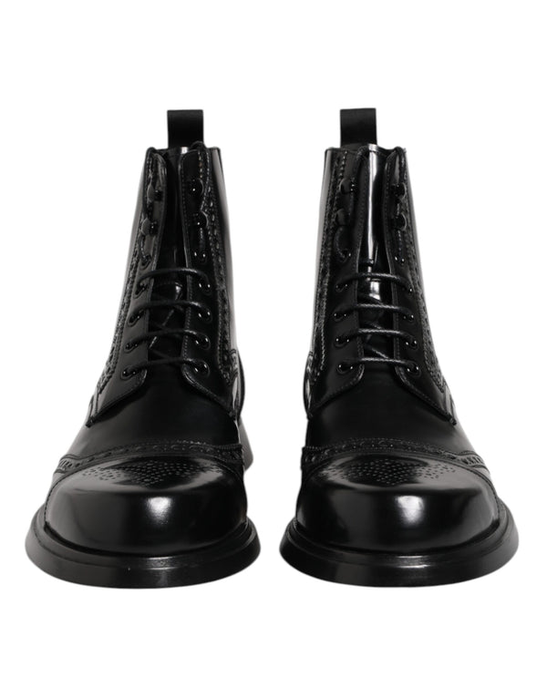 Schwarze Leder Schnürstiefel mit mittlerer Wade