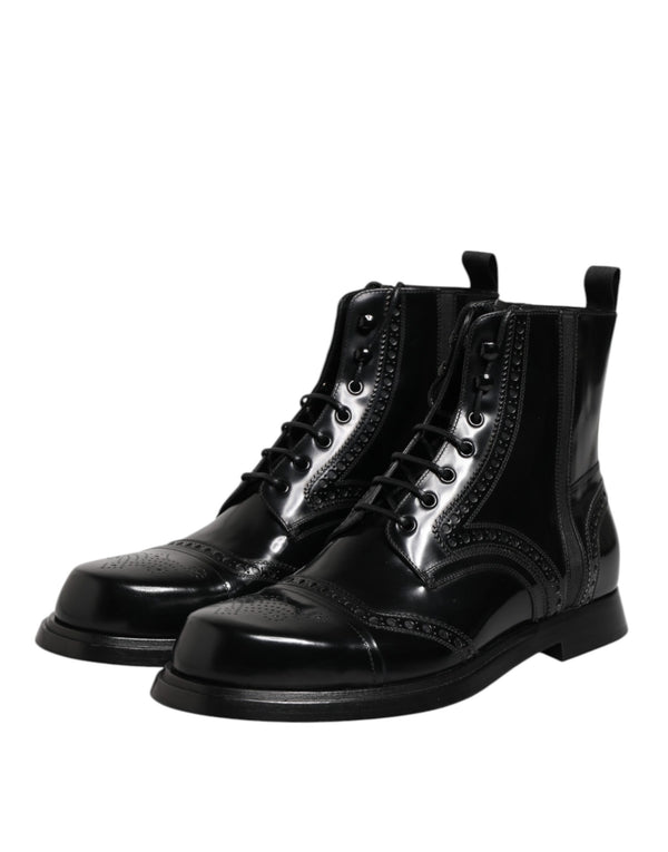 Schwarze Leder Schnürstiefel mit mittlerer Wade