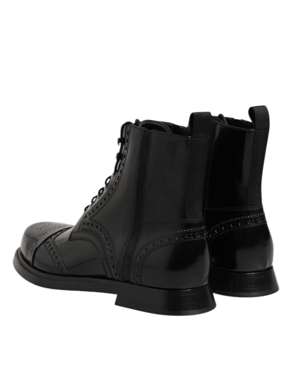 Schwarze Leder Schnürstiefel mit mittlerer Wade