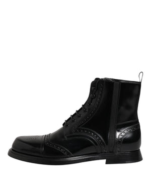 Schwarze Leder Schnürstiefel mit mittlerer Wade