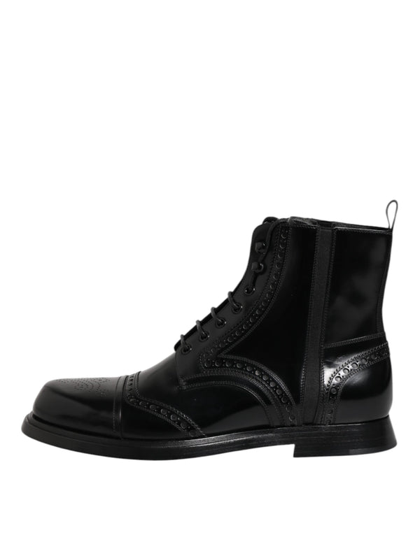 Schwarze Leder Schnürstiefel mit mittlerer Wade