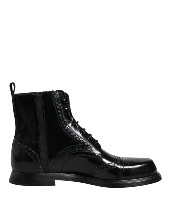 Schwarze Leder Schnürstiefel mit mittlerer Wade