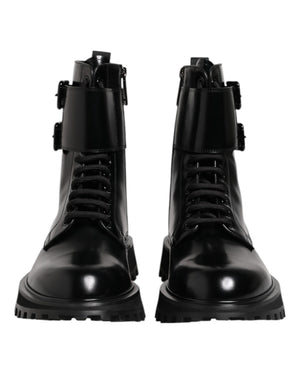 Schwarze Leder Schnürstiefel mit mittlerer Wade