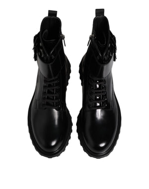 Schwarze Leder Schnürstiefel mit mittlerer Wade