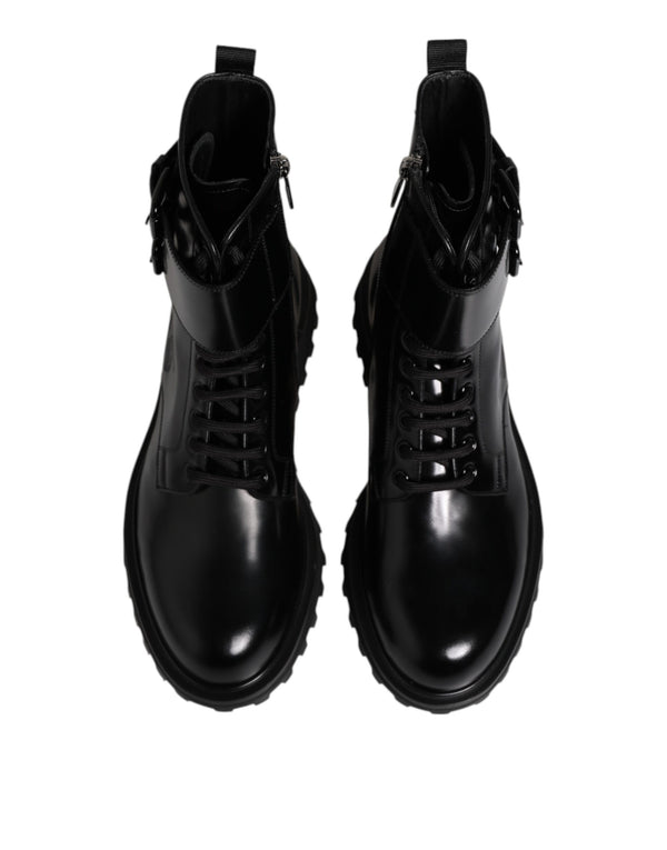 Schwarze Leder Schnürstiefel mit mittlerer Wade
