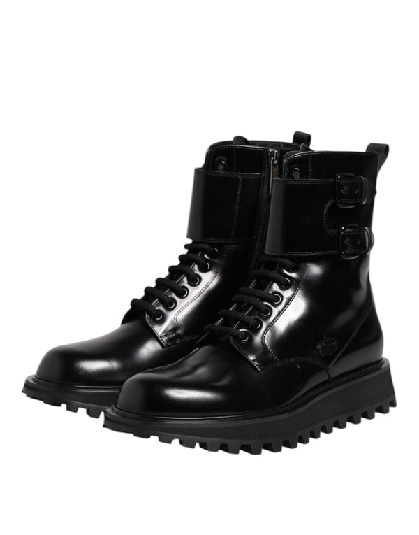 Schwarze Leder Schnürstiefel mit mittlerer Wade