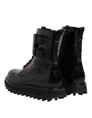 Schwarze Leder Schnürstiefel mit mittlerer Wade
