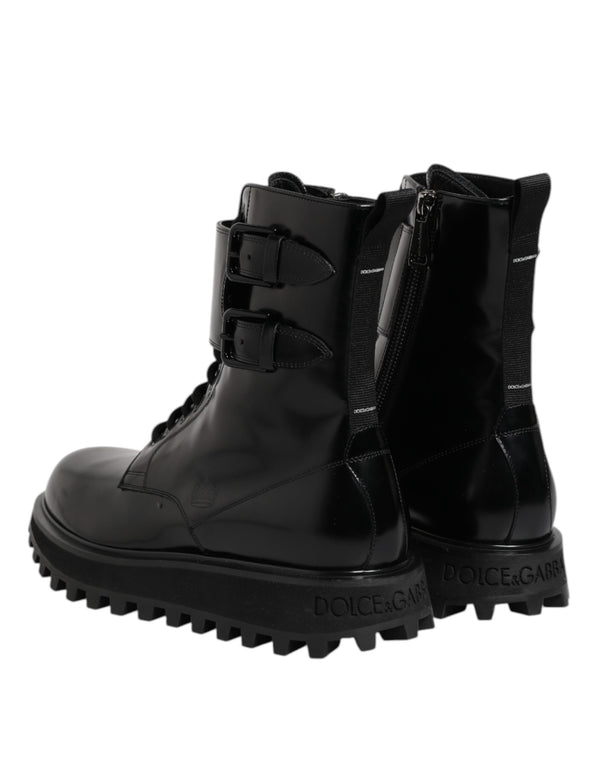 Schwarze Leder Schnürstiefel mit mittlerer Wade