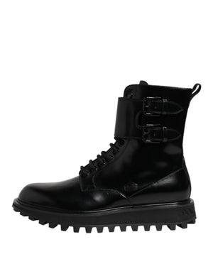 Schwarze Leder Schnürstiefel mit mittlerer Wade