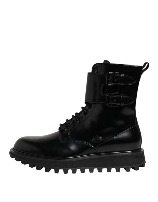 Schwarze Leder Schnürstiefel mit mittlerer Wade