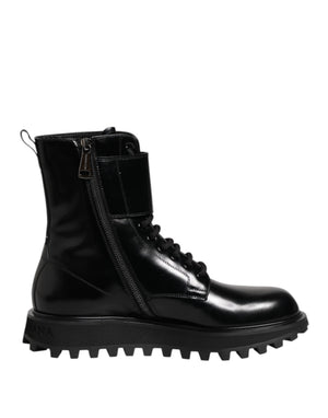 Schwarze Leder Schnürstiefel mit mittlerer Wade