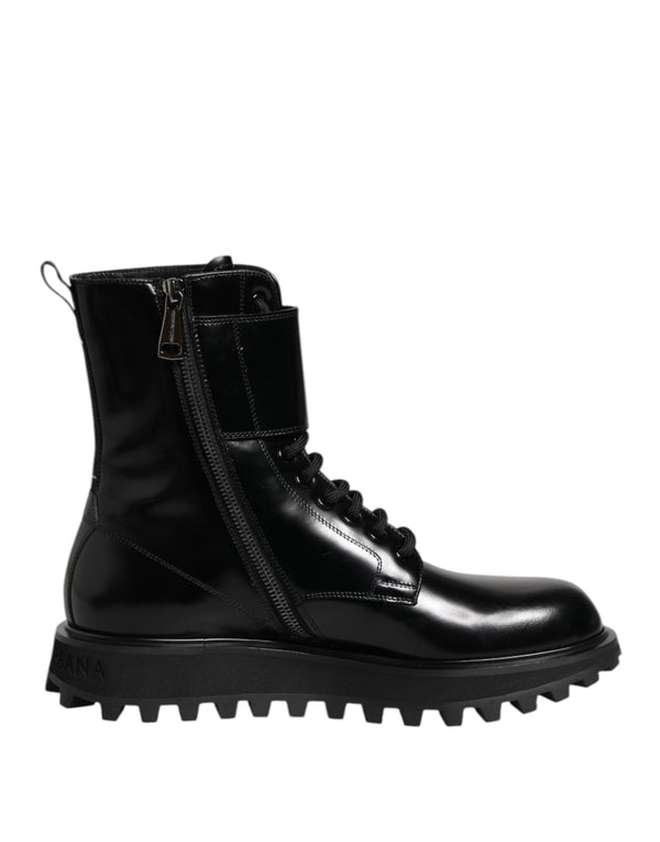 Schwarze Leder Schnürstiefel mit mittlerer Wade