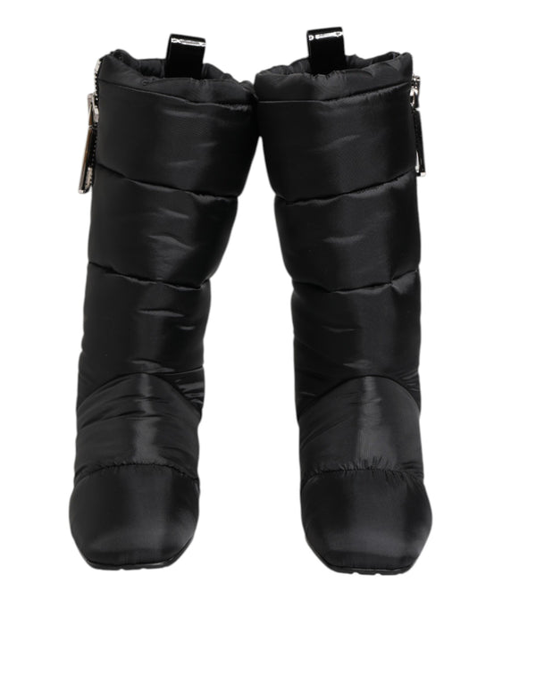 Schwarz gepolsterte Mid Calf Logo Heel Stiefel Schuhe
