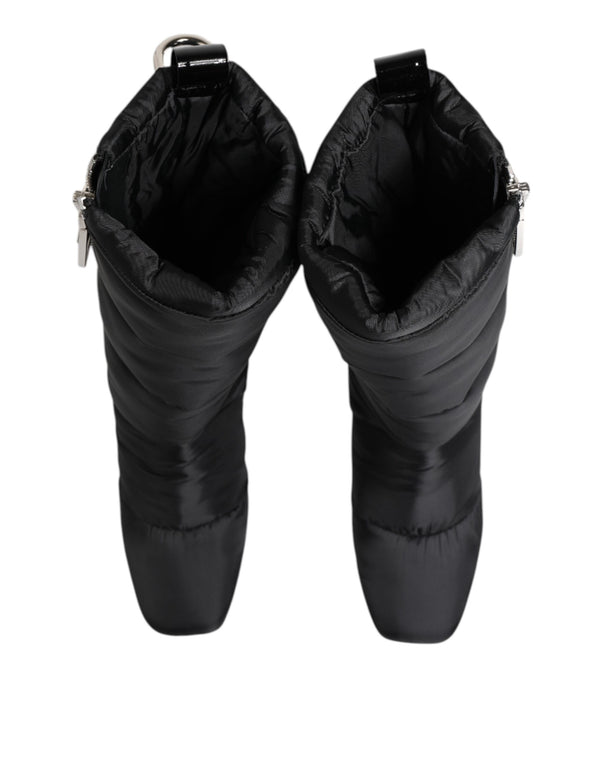 Schwarz gepolsterte Mid Calf Logo Heel Stiefel Schuhe