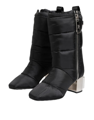 Schwarz gepolsterte Mid Calf Logo Heel Stiefel Schuhe