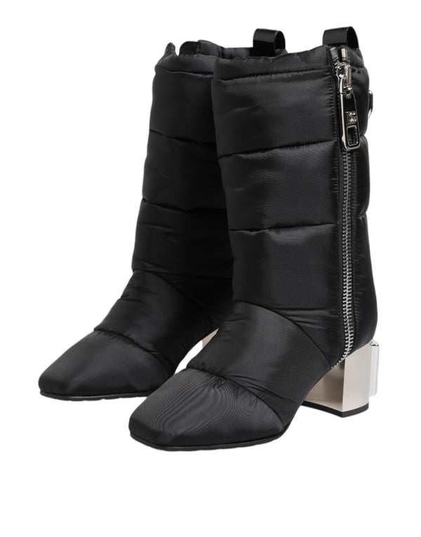 Schwarz gepolsterte Mid Calf Logo Heel Stiefel Schuhe