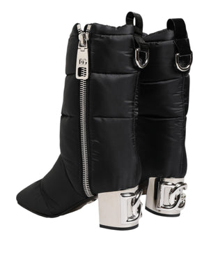 Schwarz gepolsterte Mid Calf Logo Heel Stiefel Schuhe