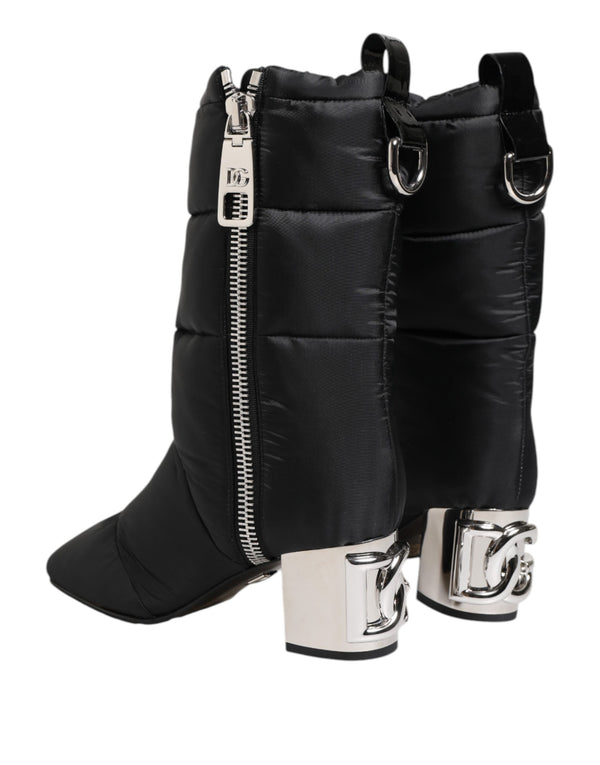 Schwarz gepolsterte Mid Calf Logo Heel Stiefel Schuhe