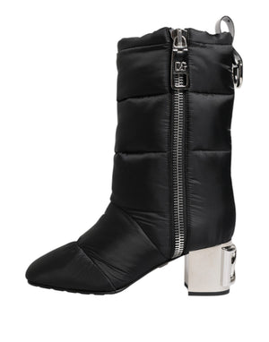 Schwarz gepolsterte Mid Calf Logo Heel Stiefel Schuhe