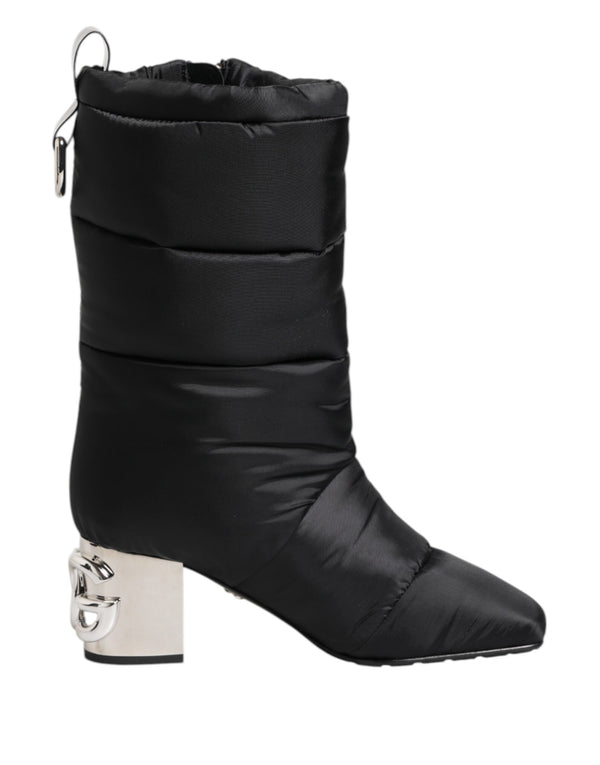 Schwarz gepolsterte Mid Calf Logo Heel Stiefel Schuhe