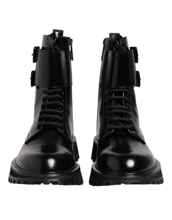 Black Leather Lace Up Mid Calf Boots Shoes