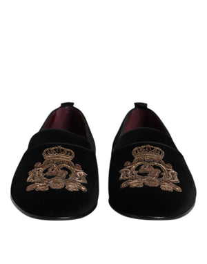 Schwarzer Samt Gold Crown Herren Loafers Schuhe