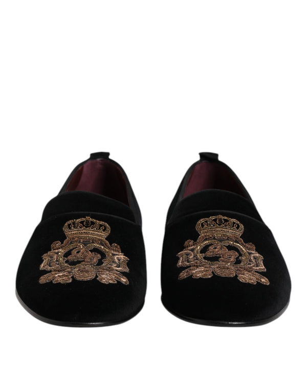 Schwarzer Samt Gold Crown Herren Loafers Schuhe
