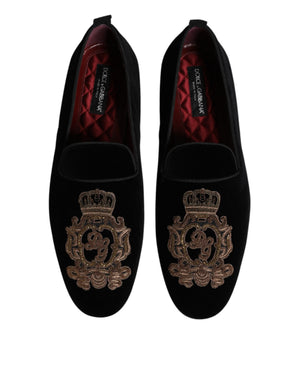 Schwarzer Samt Gold Crown Herren Loafers Schuhe