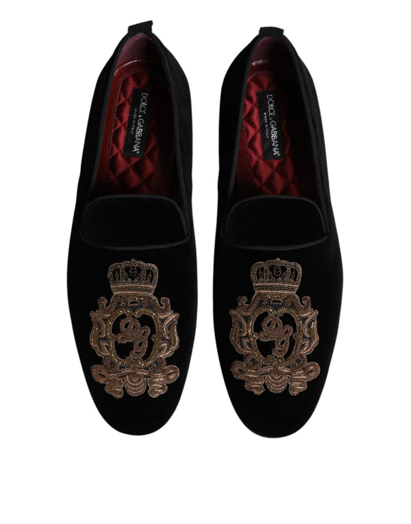Schwarzer Samt Gold Crown Herren Loafers Schuhe