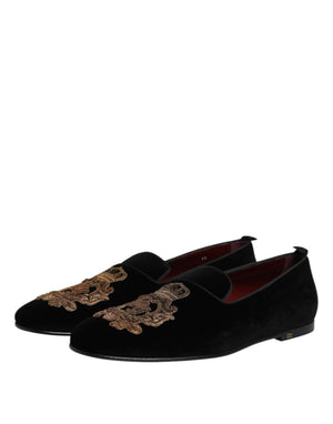 Schwarzer Samt Gold Crown Herren Loafers Schuhe