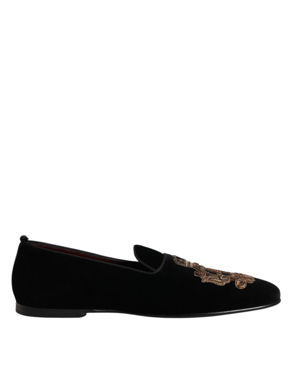 Schwarzer Samt Gold Crown Herren Loafers Schuhe