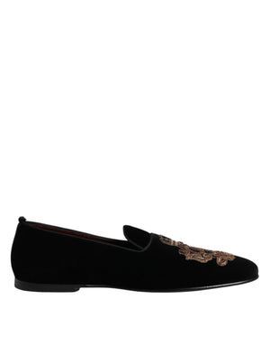 Schwarzer Samt Gold Crown Herren Loafers Schuhe