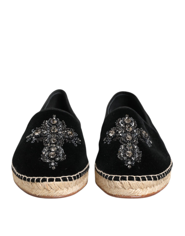 Schwarzes Kreuz Kristall Slip On Espadrille Schuhe