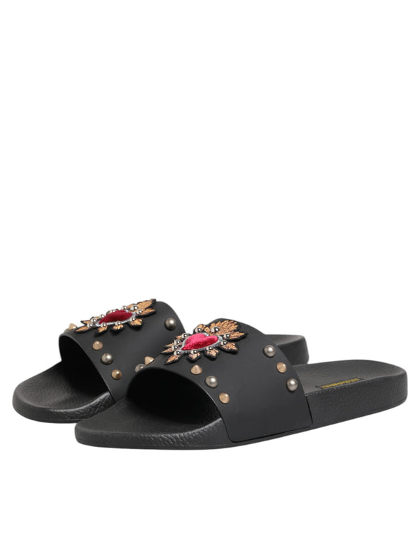 Schwarzer Gummi Sacred Heart Slides Männer Beachwear Schuhe