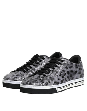 Graue Leder Leopard Low Top Sneakers Schuhe