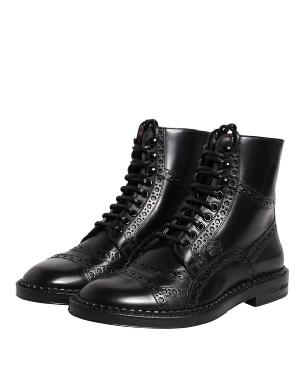 Schwarze Leder Schnürstiefel mit mittlerer Wade