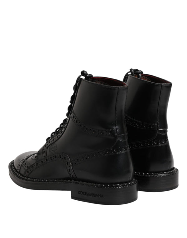 Schwarze Leder Schnürstiefel mit mittlerer Wade