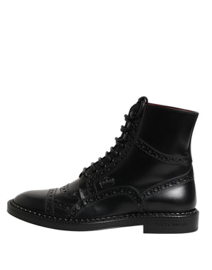 Schwarze Leder Schnürstiefel mit mittlerer Wade