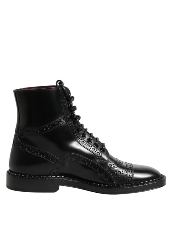 Schwarze Leder Schnürstiefel mit mittlerer Wade